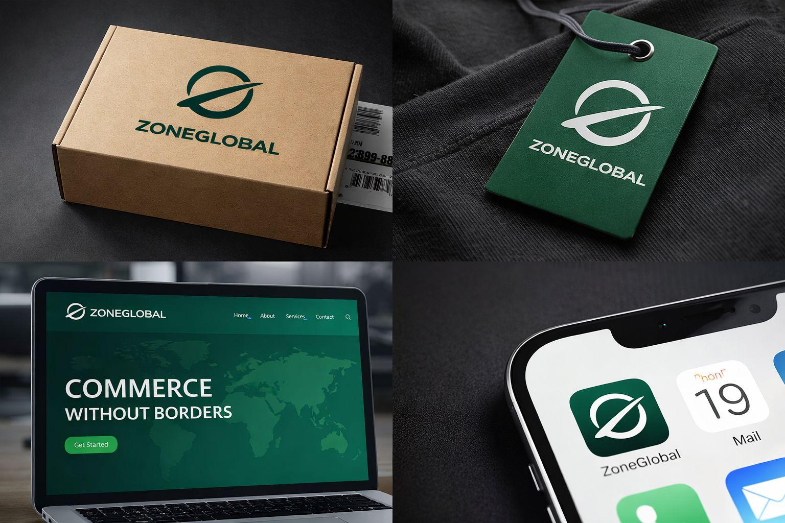 ZoneGlobal brand applications on packaging, hang tag, website, and mobile app